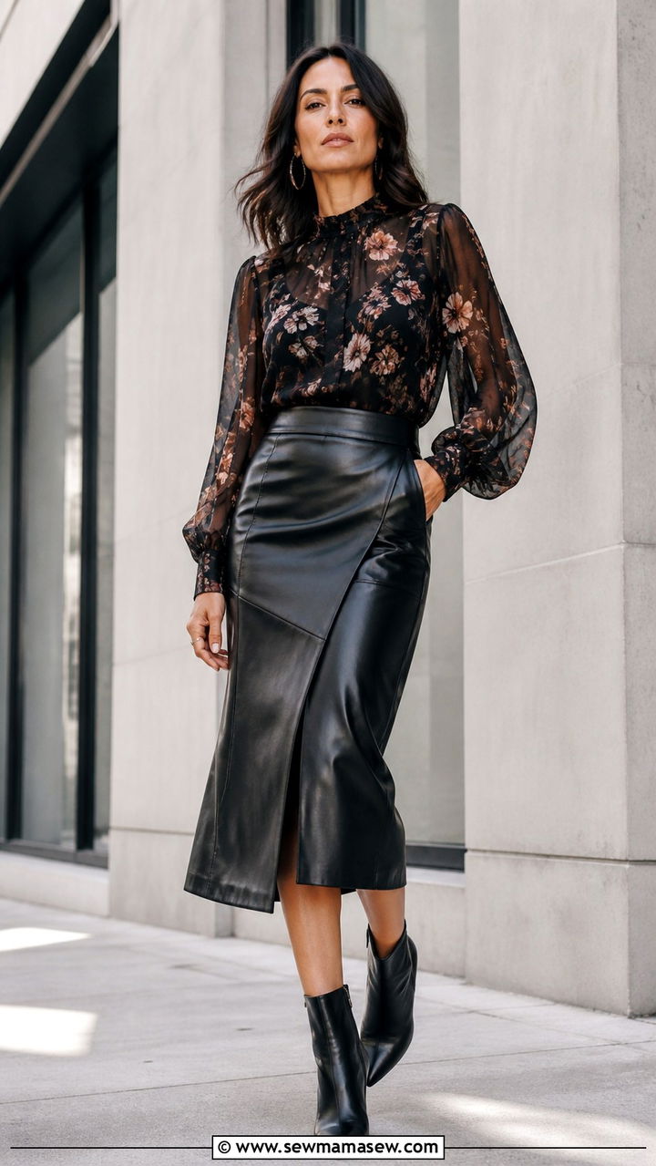 Sheer Sleeve Blouse And Leather Skirt For 40th Birthday - 40 Birthday outfits for women