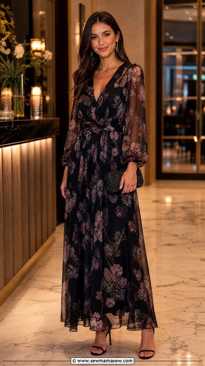Sheer Sleeve Maxi Dress And Strappy Heels - 30 Maxi dress with sleeves outfit ideas