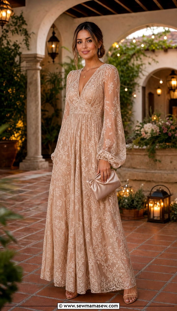 Sheer Sleeve Maxi Dress With Delicate Jewelry - 35 Boho outfit ideas for wedding guest
