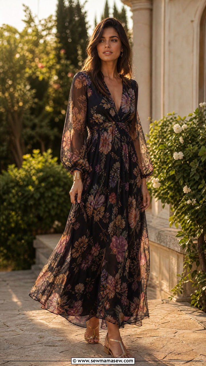 Sheer Sleeve Maxi Dress With Strappy Sandals - 25 Outfit ideas to flatter arms