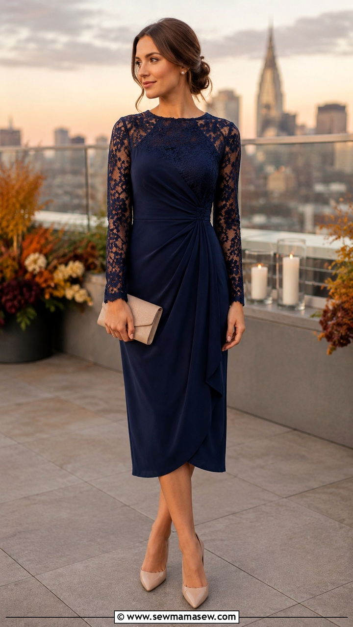 Sheer Sleeve Midi Dress with Nude Pumps for Rooftop Wedding - 30 Rooftop wedding guest outfit ideas