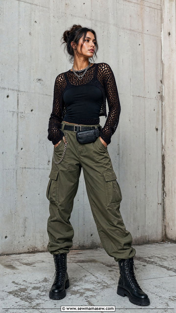 Sheer Top With Cargo Pants And Combat Boots - 25 Bad Bunny concert outfit ideas