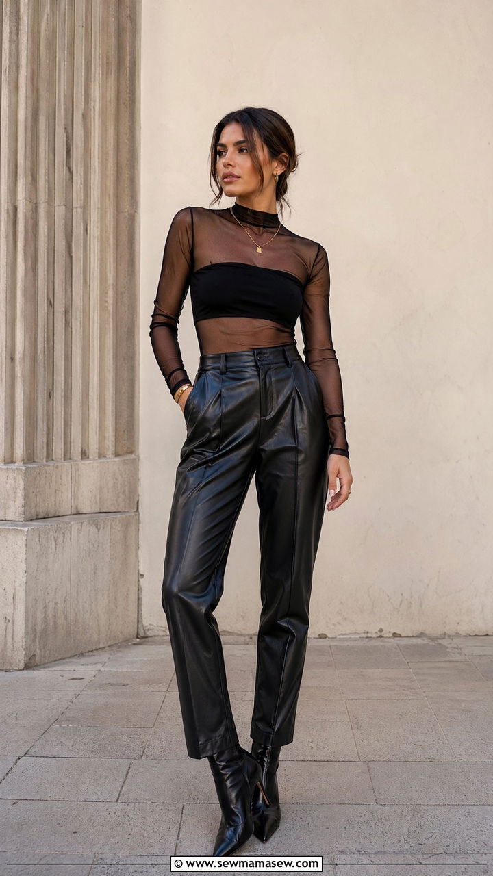 Sheer Top and Leather Trousers Outfit - 35 Edgy outfit ideas