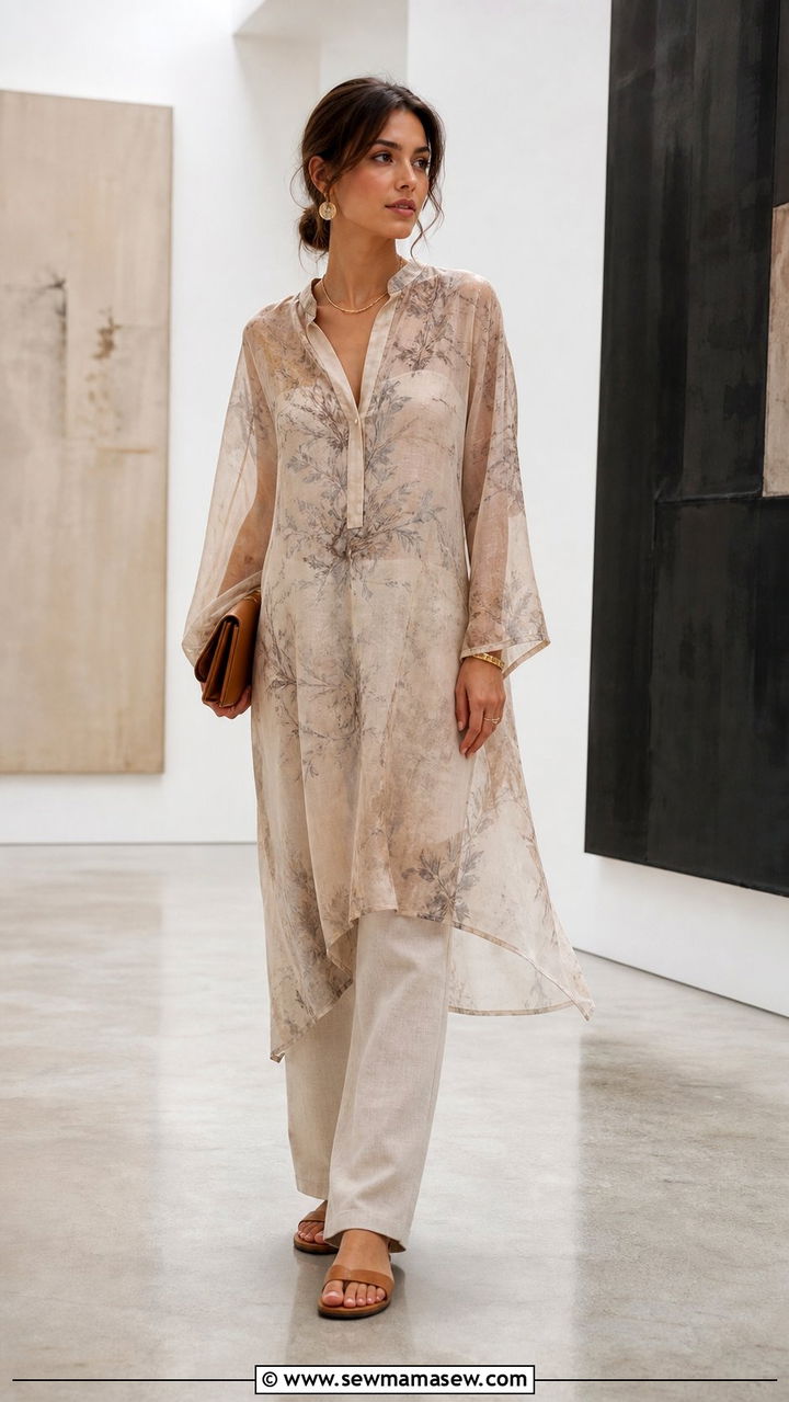 Sheer Tunic Dress Worn Over Relaxed Trousers - 25 Summer layering outfits