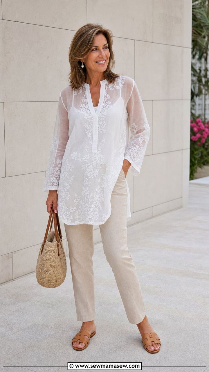 Sheer Tunic Over Slim Trousers and Sandals - 25 Cover up outfit ideas for women over 40