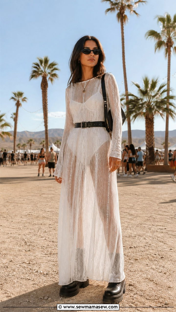 Sheer White Dress and Black Boots Coachella Outfit - 40 Coachella outfits