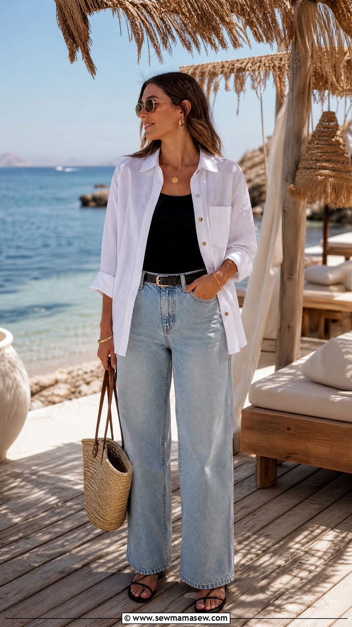 Sheer White Shirt Layered Over Bikini Top With Wide Leg Jeans - 40 Summer outfit inspiration