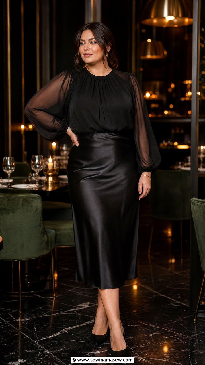 Sheer bishop sleeve blouse with midi skirt - 25 Flattering outfits for big arms