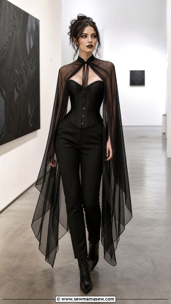Sheer black cape with corset bodice and slim pants goth outfit - 40 Gothic outfit ideas