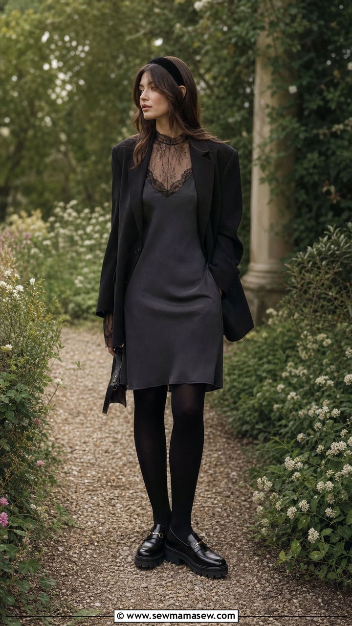Sheer blouse layered under slip dress with blazer - 25 Dark academia outfit ideas 2026