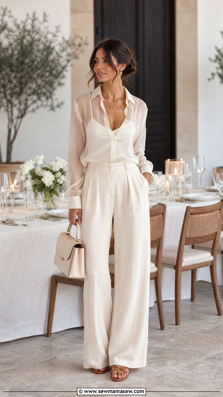 Sheer blouse with camisole and linen pants - 30 Cozy summer outfit ideas 2026