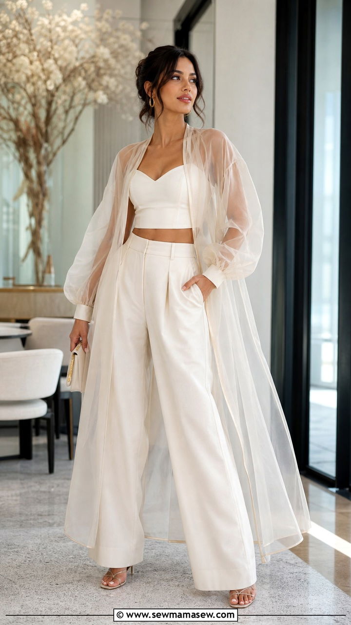 Sheer dress over crop top and pants - 40 Sheer dress outfit ideas