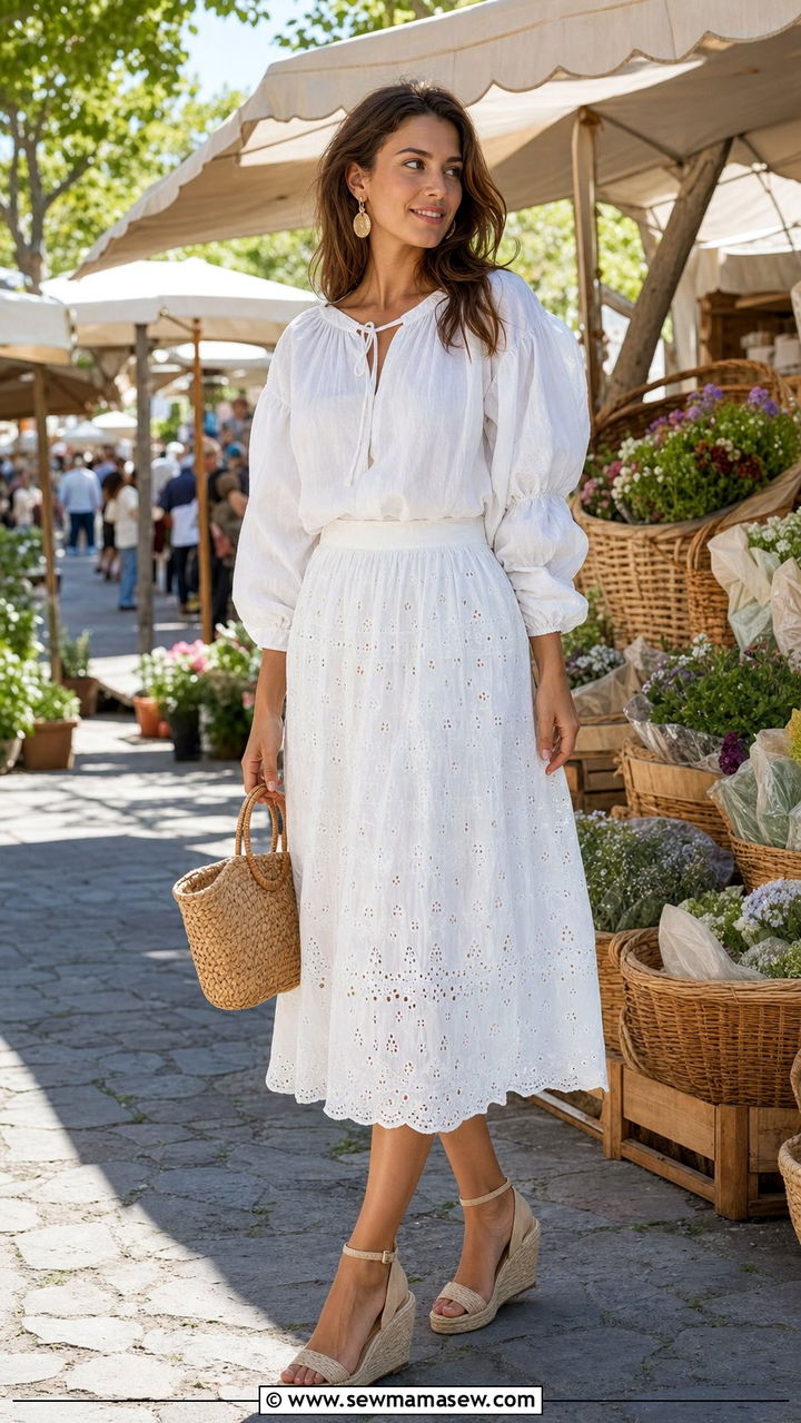 Sheer eyelet skirt with peasant blouse - 25 spring sheer skirt outfit ideas
