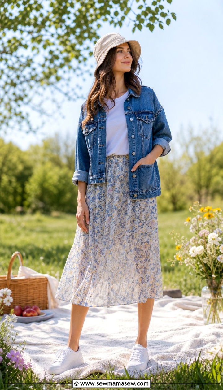 Sheer floral midi skirt with denim jacket - 25 spring sheer skirt outfit ideas