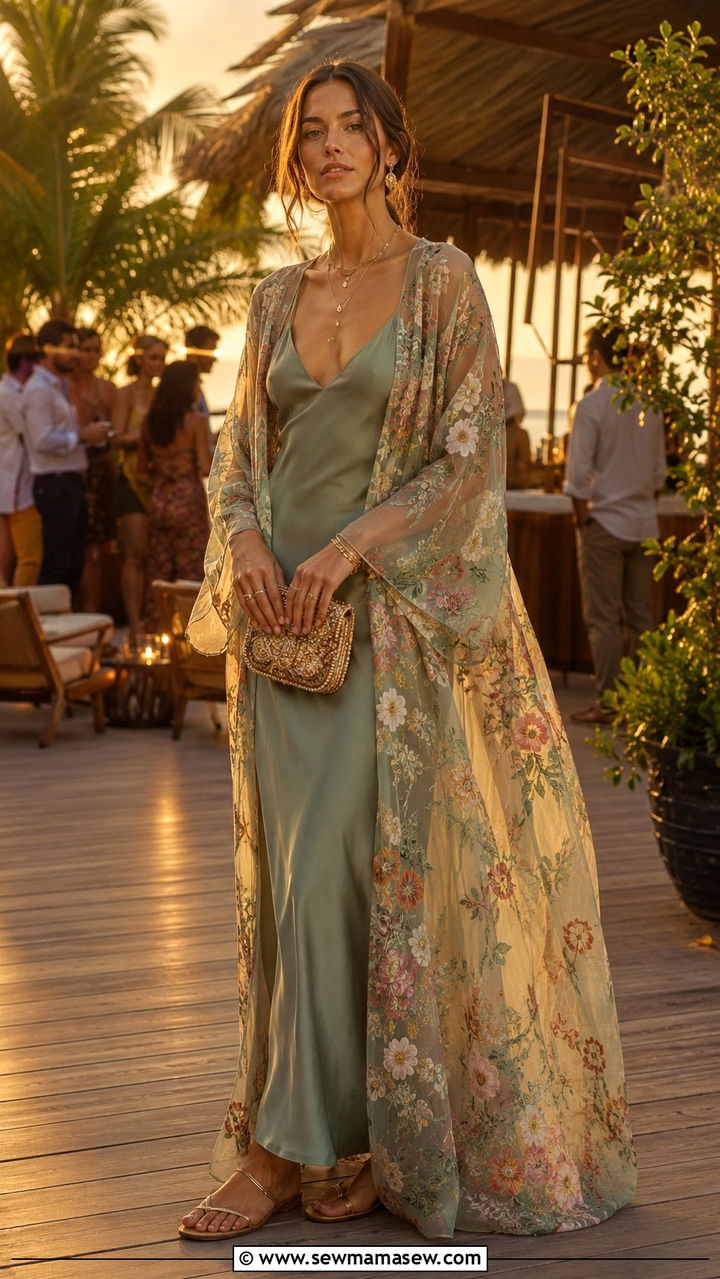 Sheer kimono over a slip dress - 30 classy resort vacation outfit ideas