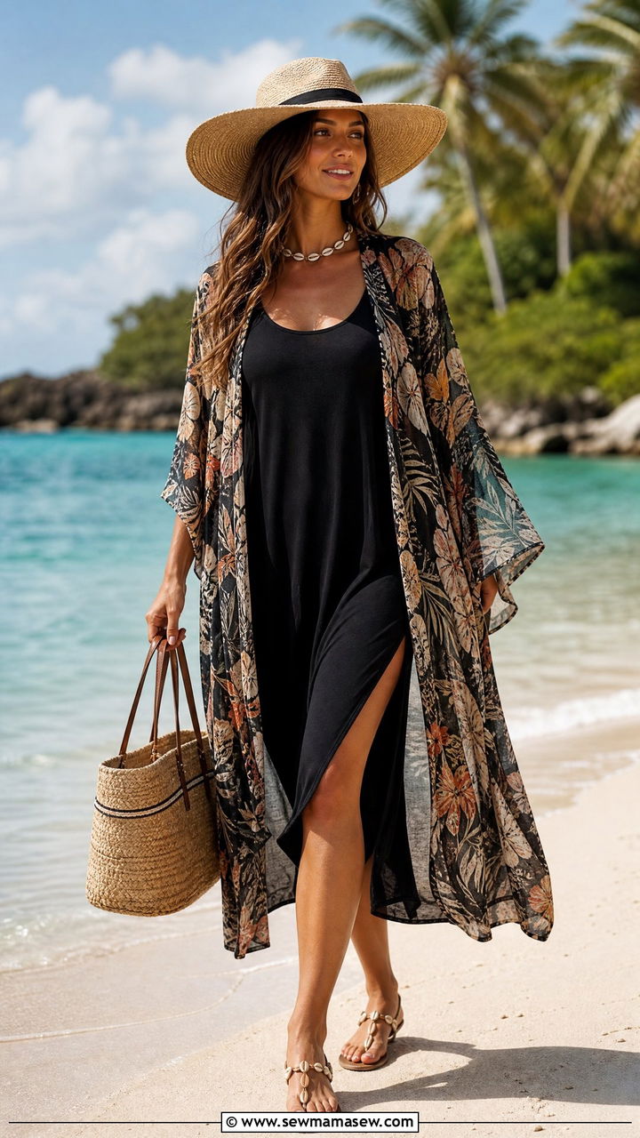 Sheer kimono over a tank dress with flat sandals - 30 Summer outfits for tall women