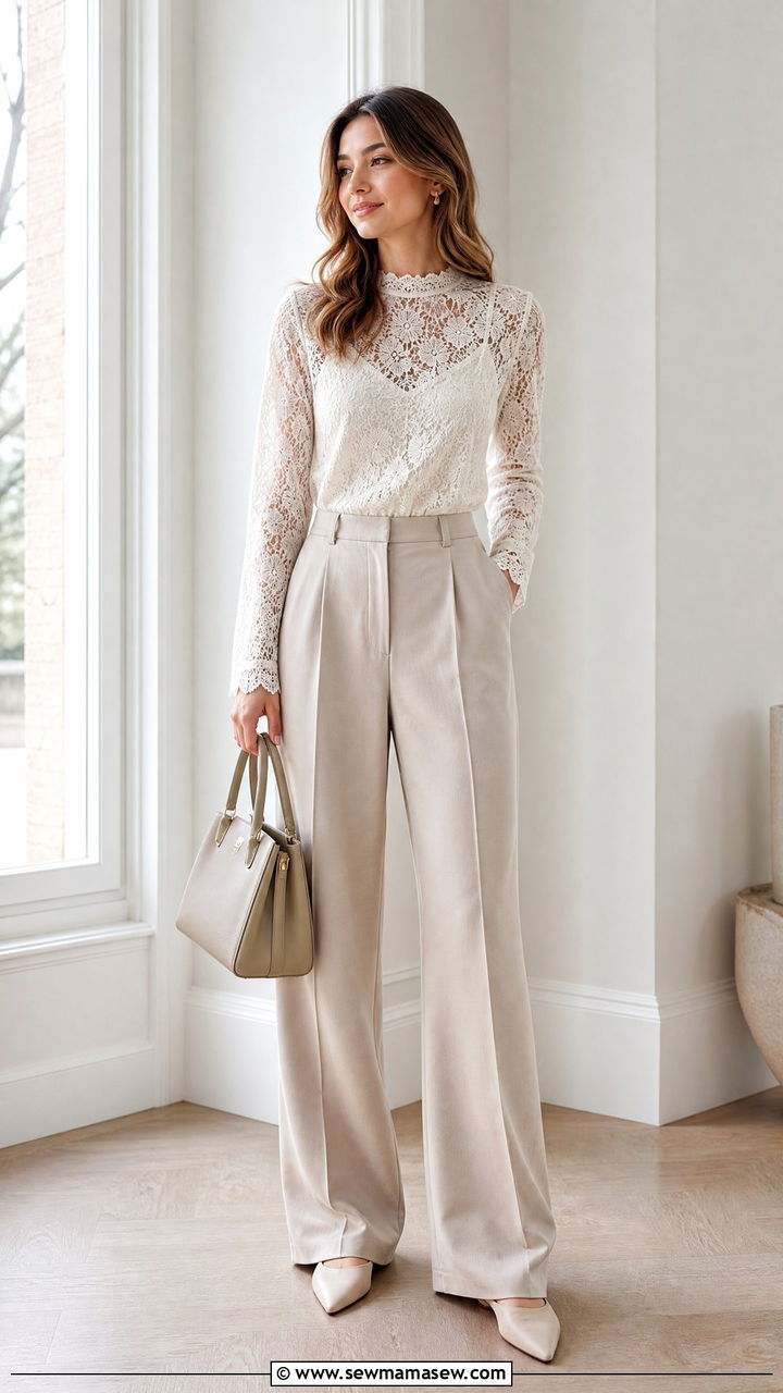 Sheer lace blouse with tailored trousers outfit - 35 Casual chic spring outfit ideas 2026