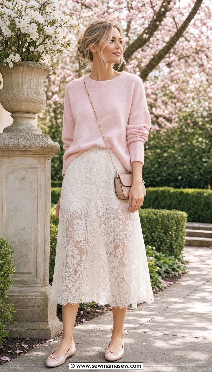 Sheer lace skirt with cashmere crewneck - 25 spring sheer skirt outfit ideas