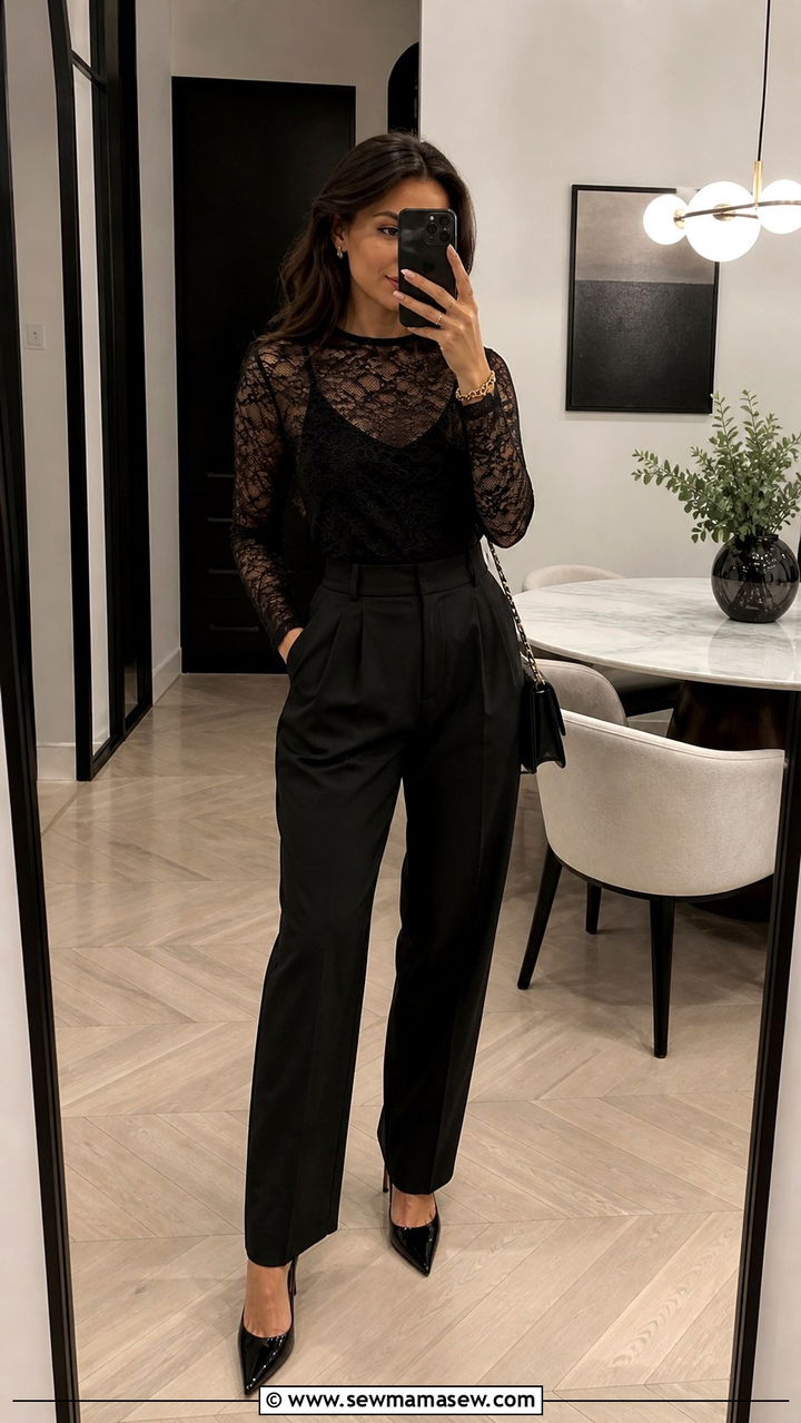 Sheer lace top with trousers outfit - 40 trendy outfits ideas