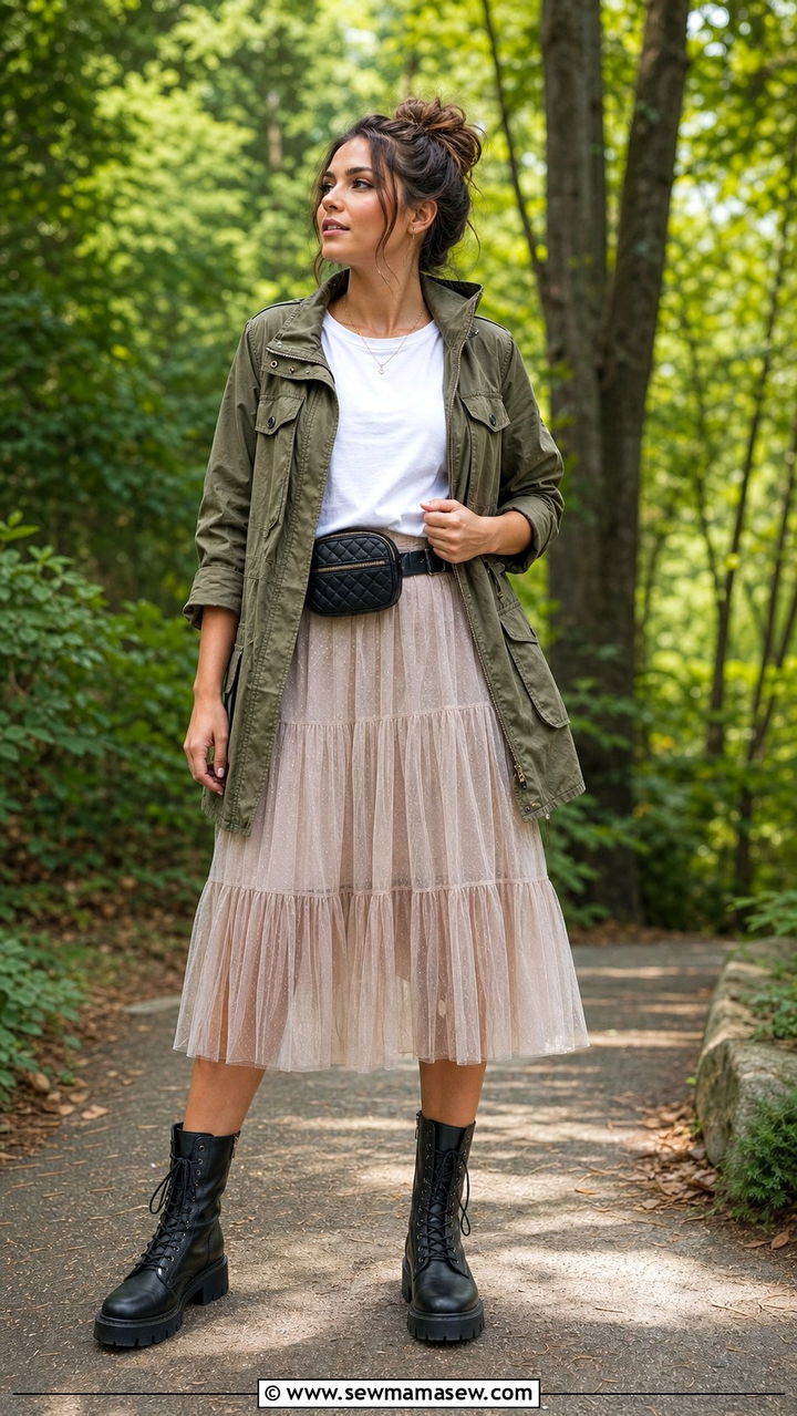 Sheer layered skirt with utility jacket - 25 spring sheer skirt outfit ideas