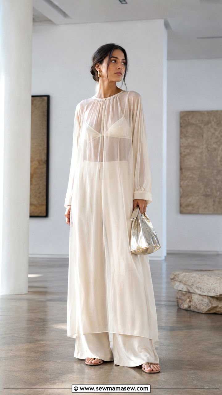 Sheer maxi dress layered over a bralette and wide leg pants - 25 2026 outfits