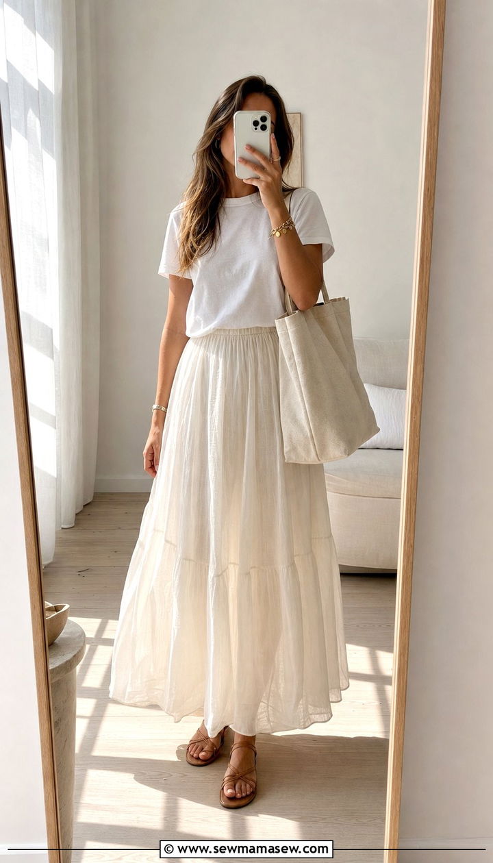 Sheer maxi skirt with fitted white tee - 25 spring sheer skirt outfit ideas