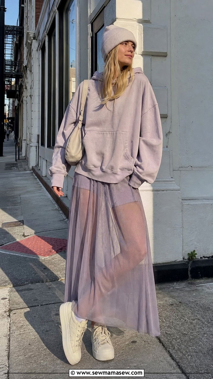 Sheer mesh skirt with oversized hoodie - 25 spring sheer skirt outfit ideas
