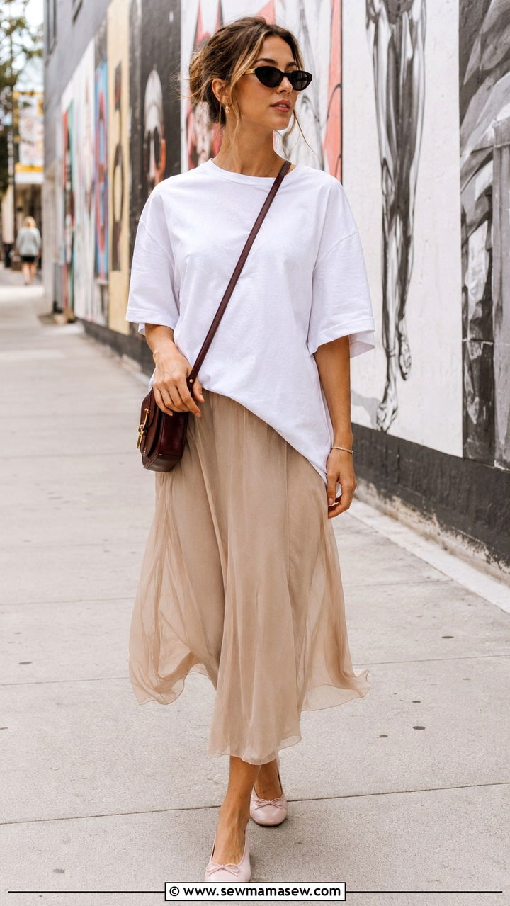 Sheer midi skirt and oversized tee with ballet flats - 30 How to style a midi skirt in spring