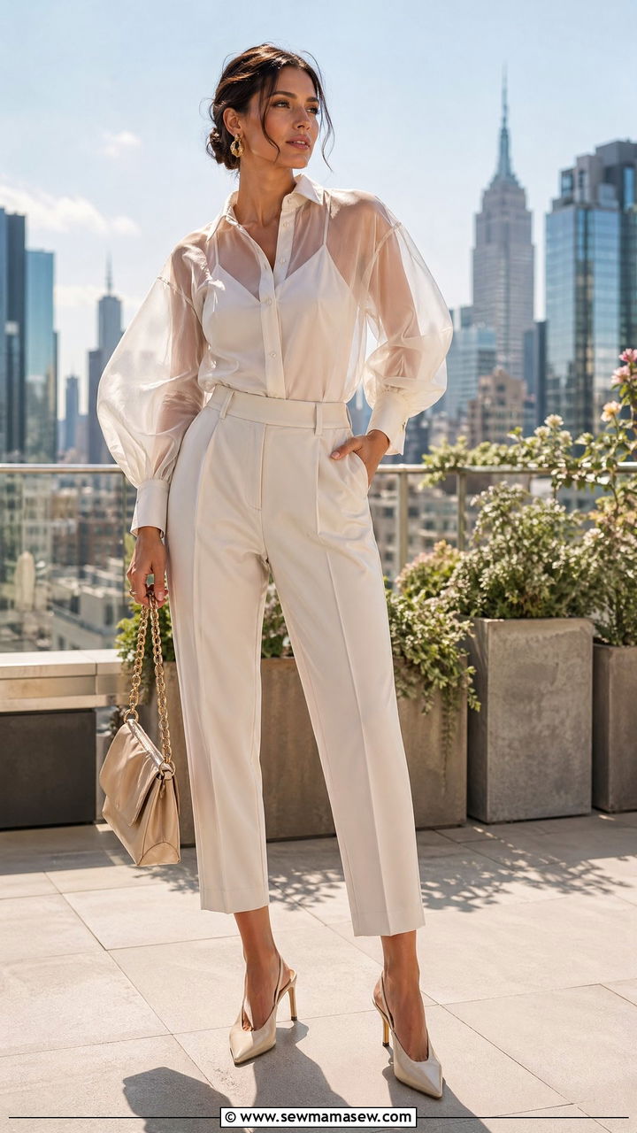 Sheer organza blouse with tailored cropped trousers - 35 Flirty spring outfit ideas