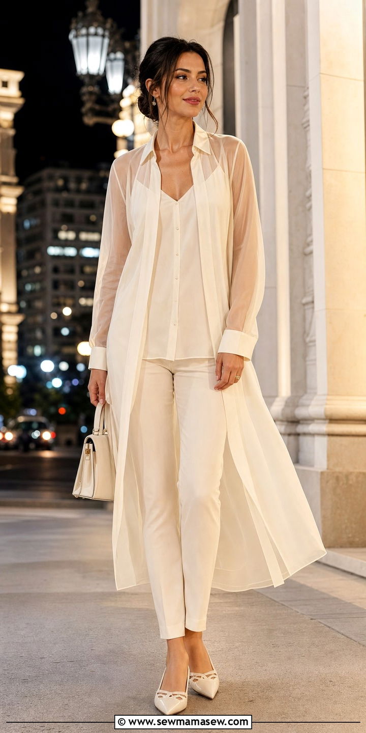 Sheer overlay longline top and slim fit pant coord set - 25 Coord set outfit ideas for travel