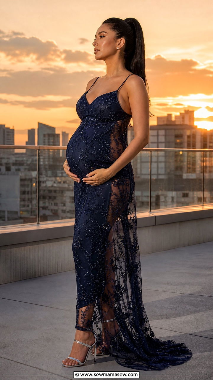 Sheer overlay maternity dress with strappy heels sunset rooftop shoot - 25 Maternity photo outfit ideas summer