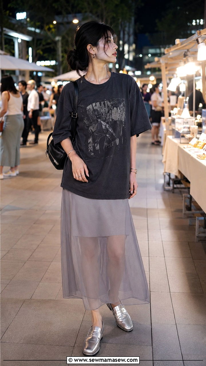 Sheer overlay skirt with an oversized tee - 30 Playful summer outfit ideas