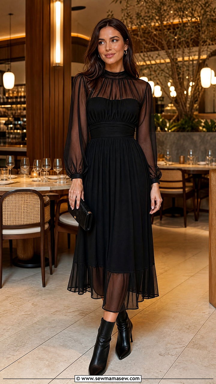 Sheer panel midi dress with ankle boots - 35 girls night out outfit ideas for women