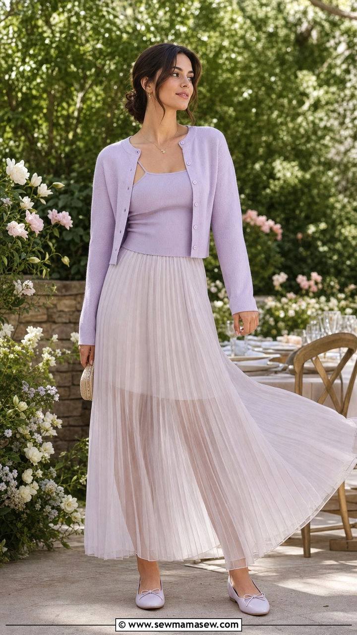 Sheer pleated maxi skirt with cropped cardigan - 25 spring sheer skirt outfit ideas