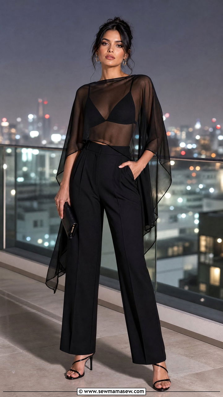 Sheer poncho with high waisted trousers and strappy heels - 25 How to style a poncho