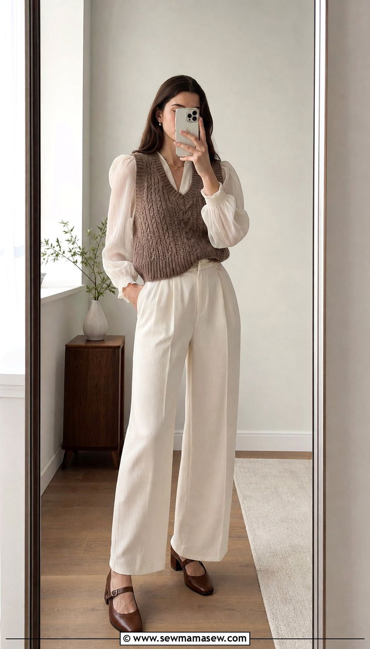 Sheer puff sleeve blouse and chunky knit vest with wide leg trousers outfit - 25 spring light academia outfits
