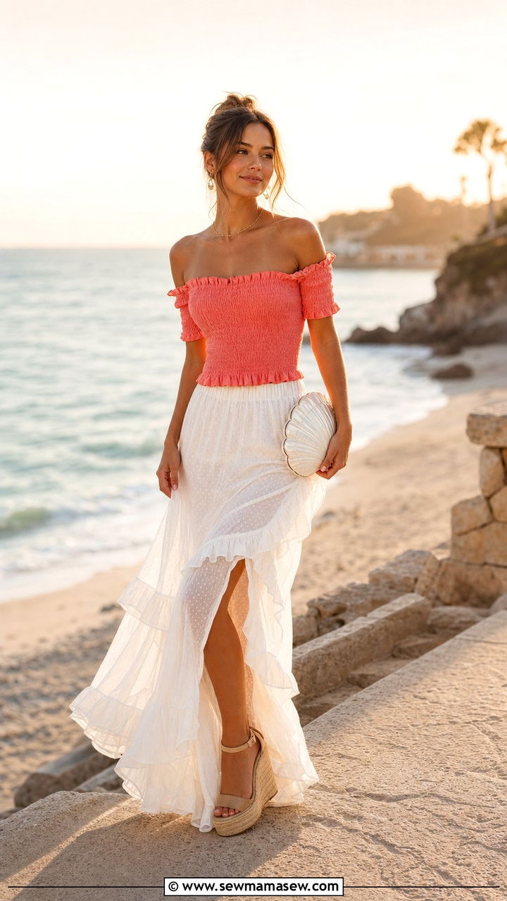 Sheer ruffled skirt with offshoulder top - 25 spring sheer skirt outfit ideas