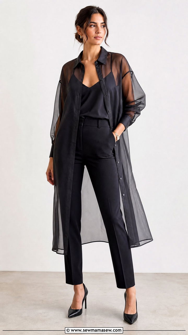 Sheer shirt dress with trousers - 40 Sheer dress outfit ideas