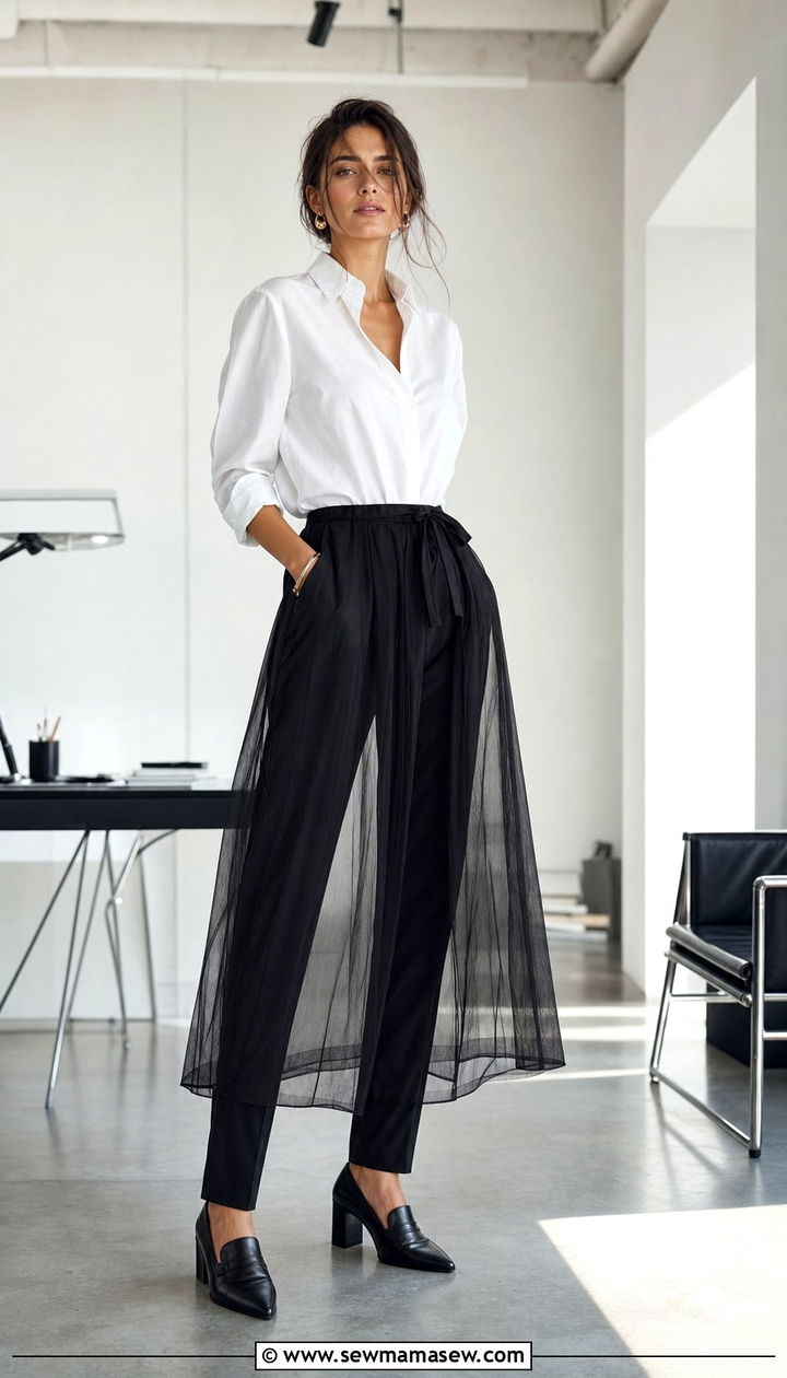 Sheer skirt over tailored trousers - 25 spring sheer skirt outfit ideas