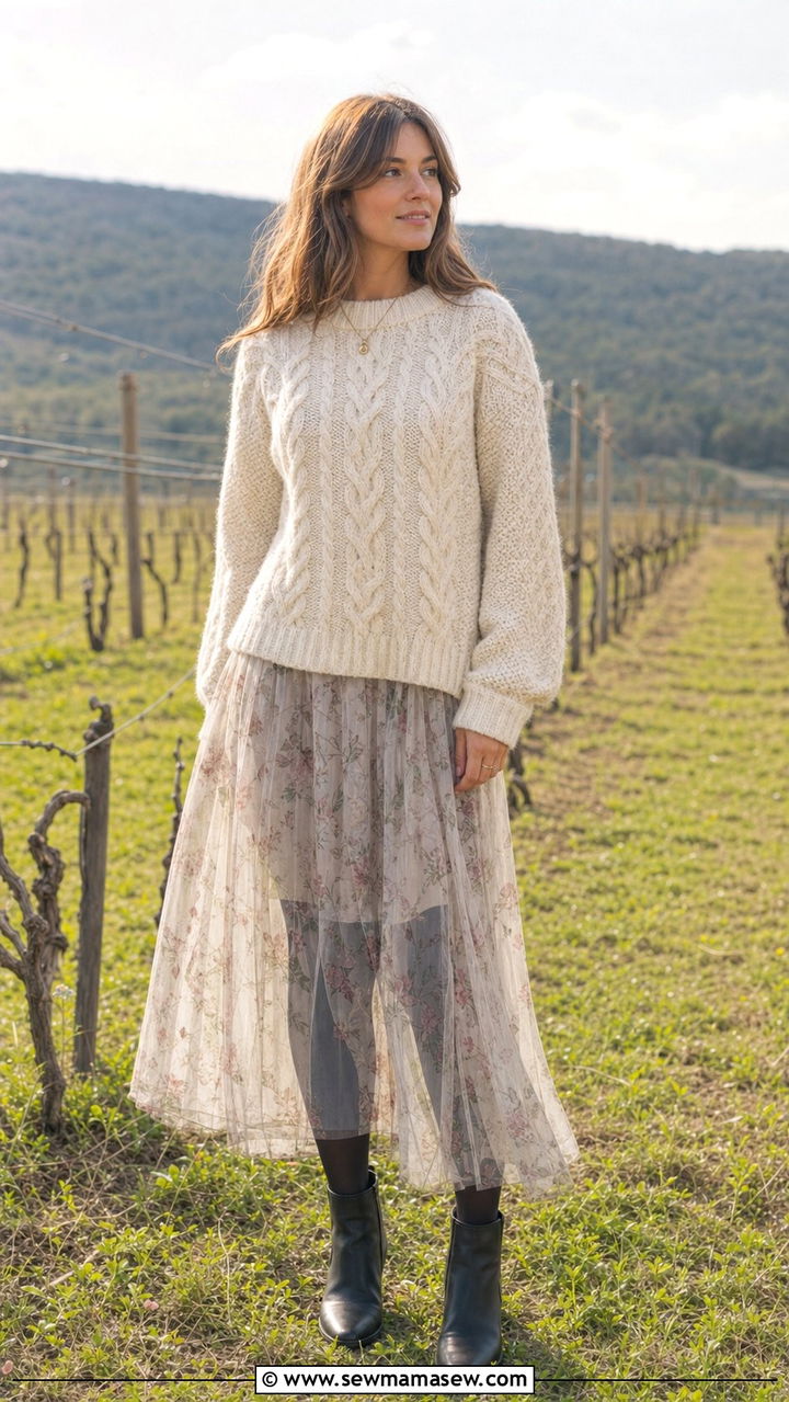 Sheer skirt with chunky fisherman sweater - 25 spring sheer skirt outfit ideas