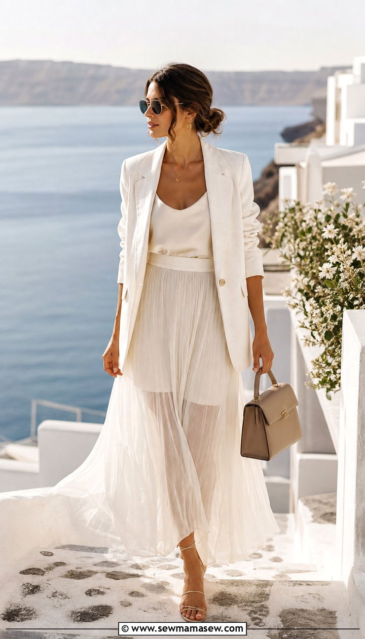 Sheer white maxi skirt with linen blazer - 25 spring sheer skirt outfit ideas
