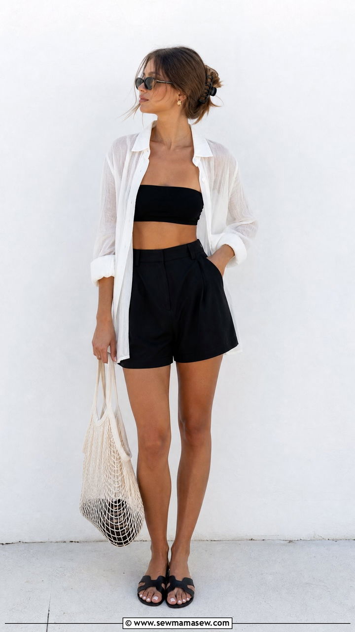 Sheer white shirt over black bandeau and tailored shorts - 20 Simple summer outfit ideas 2026