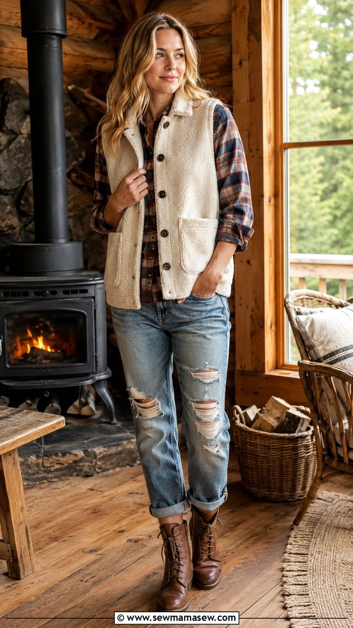 Sherpa Button Down Vest Outfit with Flannel and Boyfriend Jeans - 30 Spring cabin weekend outfits