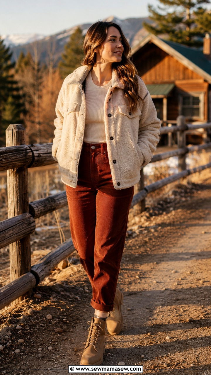 Sherpa Jacket And Corduroy Pants Look - 30 Spring cabin outfits
