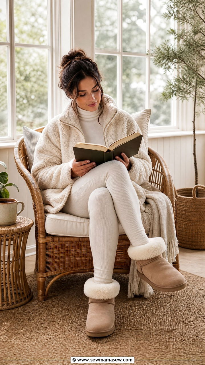 Sherpa Jacket And Thermal Leggings - 30 Cozy reading outfit ideas