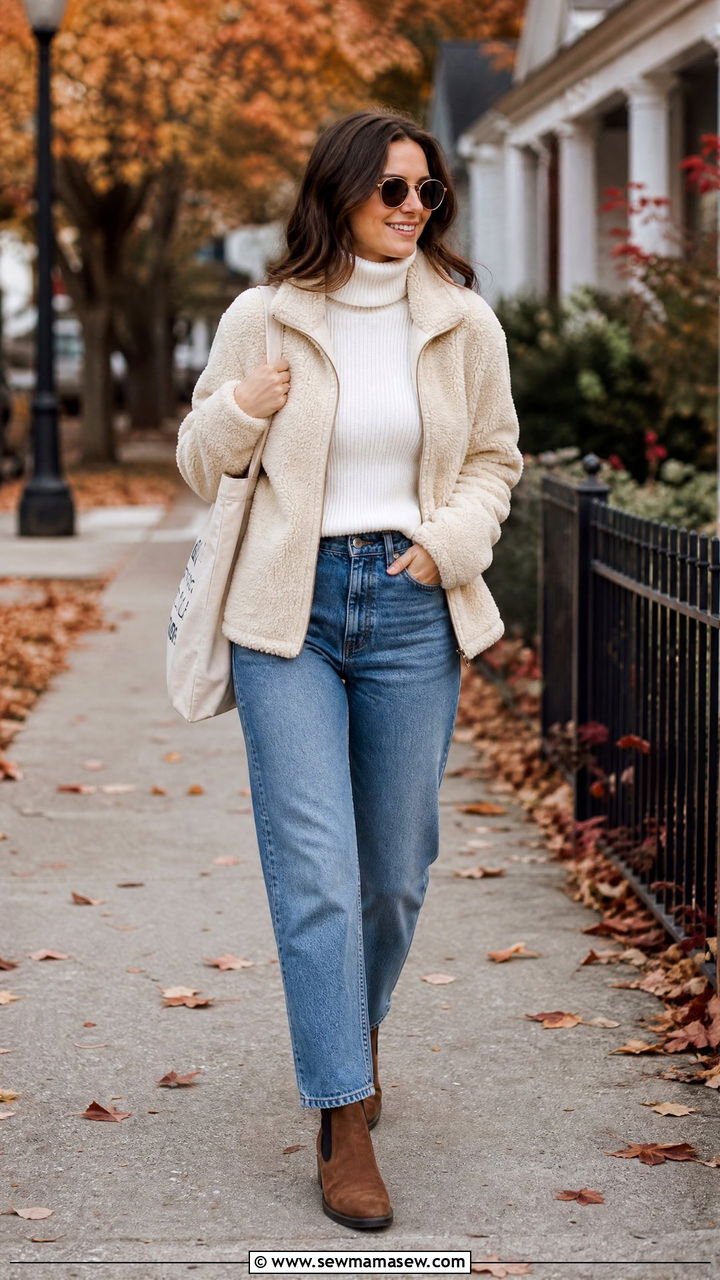 Sherpa Jacket With Straight Leg Jeans Outfit - 25 jacket outfits inspo