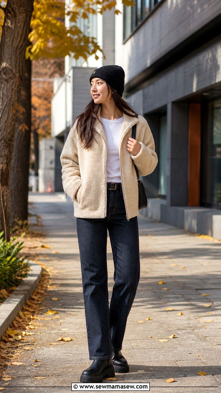 Sherpa Jacket With Straight Leg Jeans Seoul - 40 Seoul outfit ideas