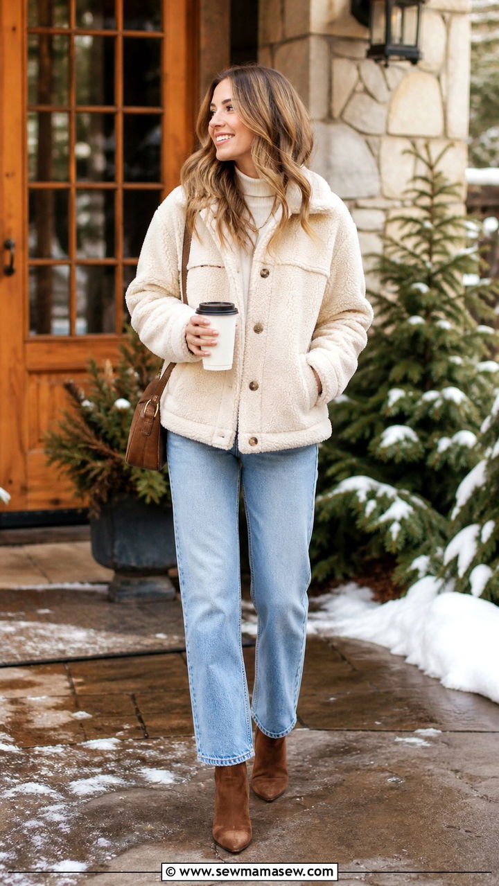 Sherpa Jacket and Straight Leg Jeans with Boots - 40 cute outfits