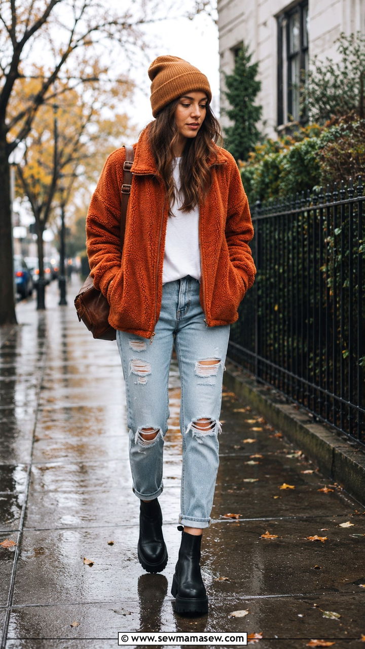 Sherpa Jacket with Distressed Jeans and Platform Boots - 25 rainy day outfits aesthetic