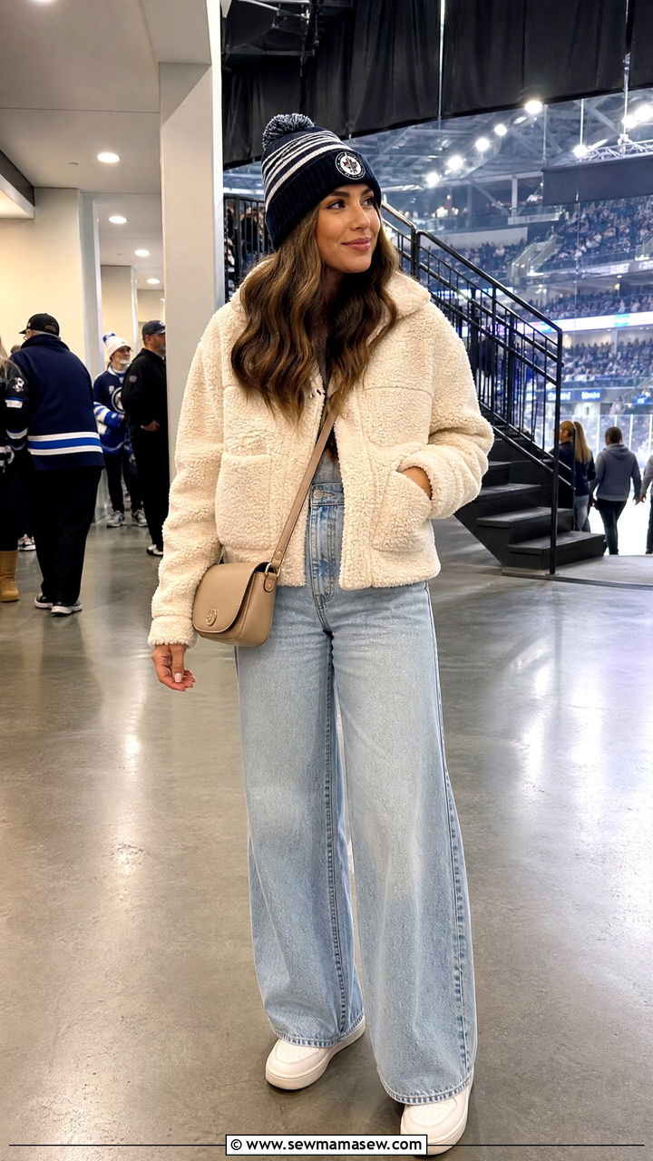 Sherpa Jacket with Wide Leg Jeans and Team Beanie - 25 Hockey game outfit ideas